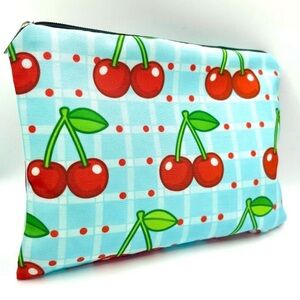 Light Blue Red Cottage Cherry Cherries Zippered Pouch Cosmetics Makeup Bag New